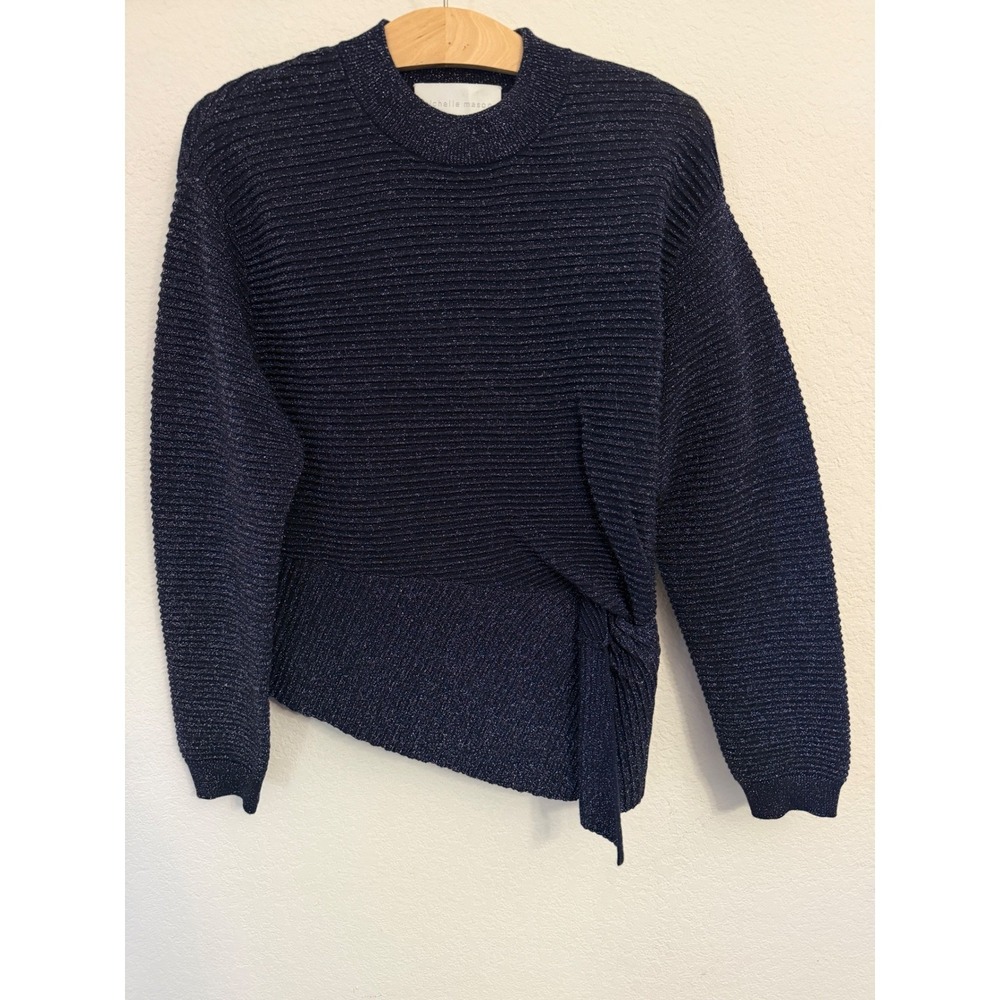 Michelle Mason Twist-Front Metallic Ribbed Wool-Blend Sweater Navy Blue Small S‎